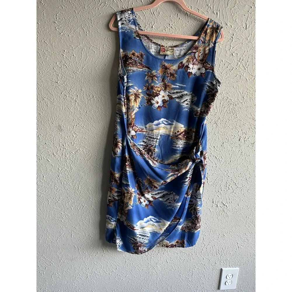 Women's Hilo Hattie Blue Tropical Rayon Sarong Wrap Dress Floral Hawaiian Size L - Picture 7 of 14